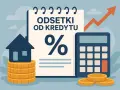 Ilustracja pokazuje jak obliczyć odsetki od pożyczki wzór: dom na monetach, kalkulator, wykres wzrostu i symbol procentu.