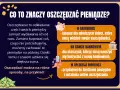 Jak oszczędzać pieniądze? Obraz wyjaśnia, że to odkładanie części pieniędzy zamiast wydawania ich od razu. Można to robić w skarbonce, na koncie bankowym lub w aplikacji mobilnej.