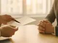 Dwie osoby przy stole, jedna podaje dokumenty, druga czeka na podpis. Rozmowa o pożyczce zagranicznej.