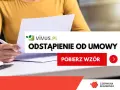 Kobieta z długopisem nad dokumentami. Na ekranie widnieje napis "vivus.pl odstąpienie od umowy" i przycisk "Pobierz wzór".