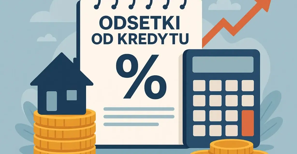Ilustracja pokazuje jak obliczyć odsetki od pożyczki wzór: dom na monetach, kalkulator, wykres wzrostu i symbol procentu.