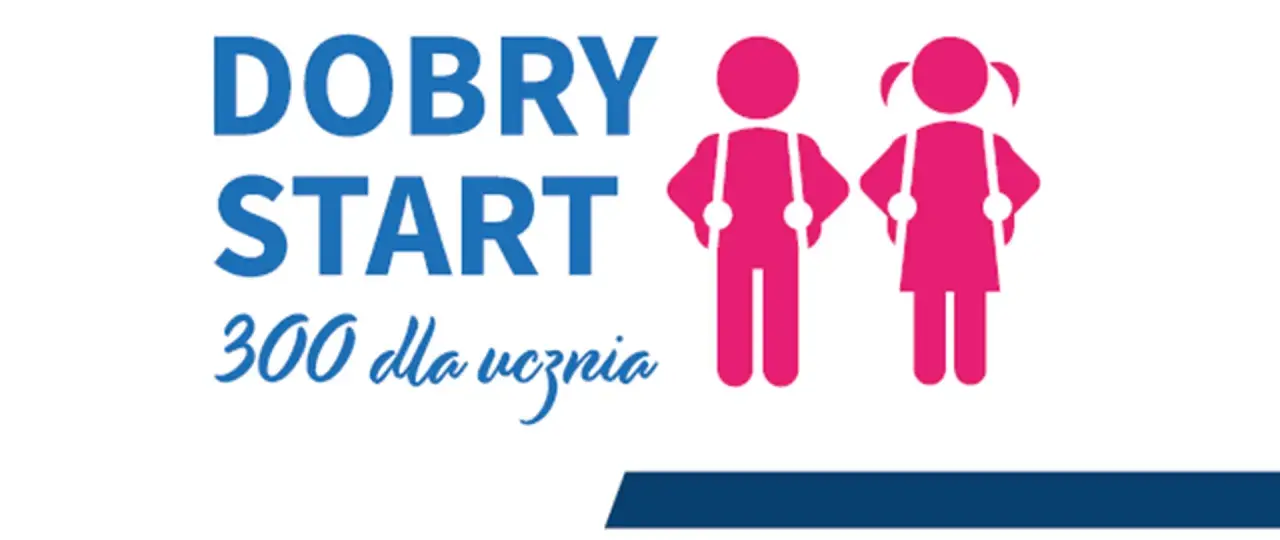 Dobry Start: 300+ dla ucznia. Dwoje dzieci w różowych strojach symbolizuje wsparcie dla każdego dziecka.