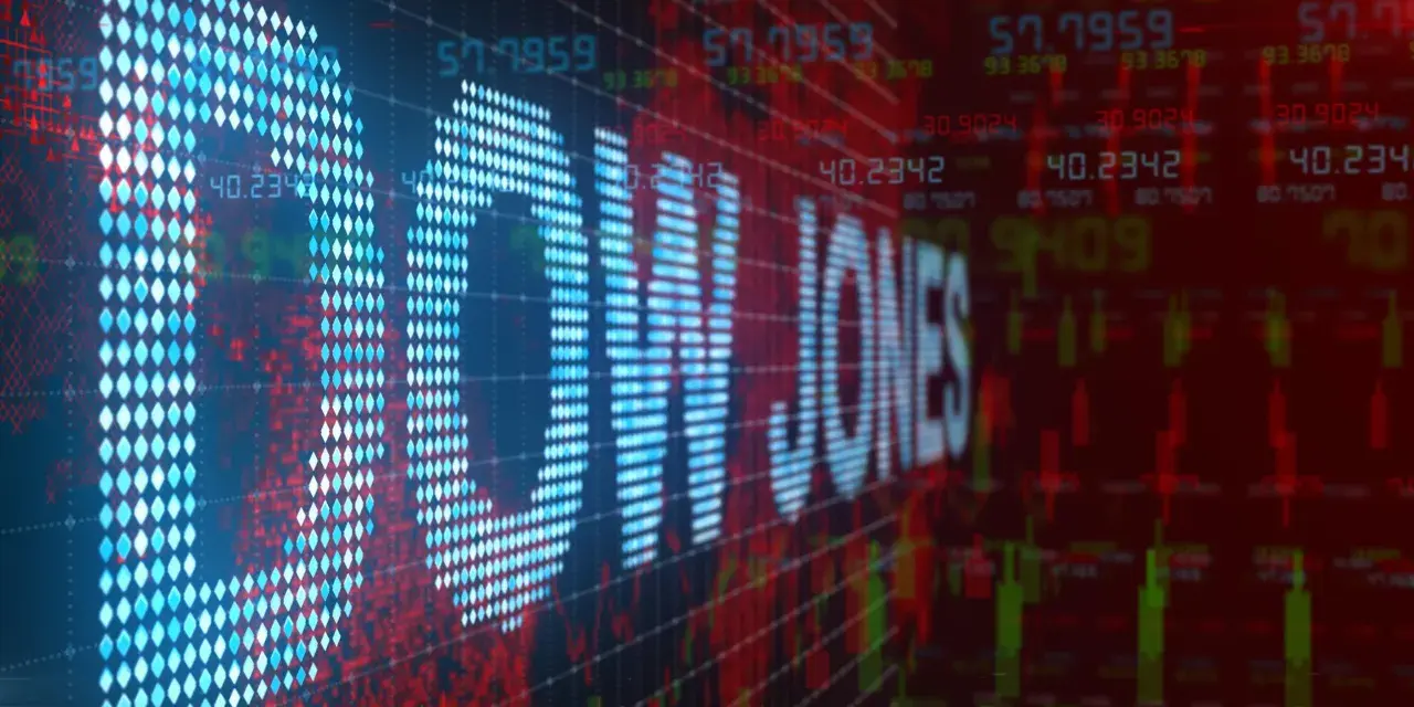 Cyfrowy wykres giełdowy z napisem "DOW JONES" w formie pikseli. Kolory czerwony i niebieski dominują, sugerując zmienność rynku. Dow Jones co to? To jeden z najważniejszych indeksów giełdowych.
