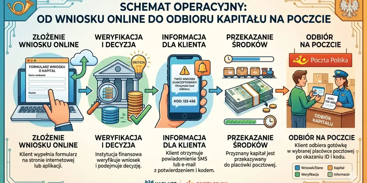 Schemat: wniosek online, weryfikacja, informacja z kodem, przekazanie środków i odbiór gotówki na poczcie. To droga do pożyczki na czek giro.