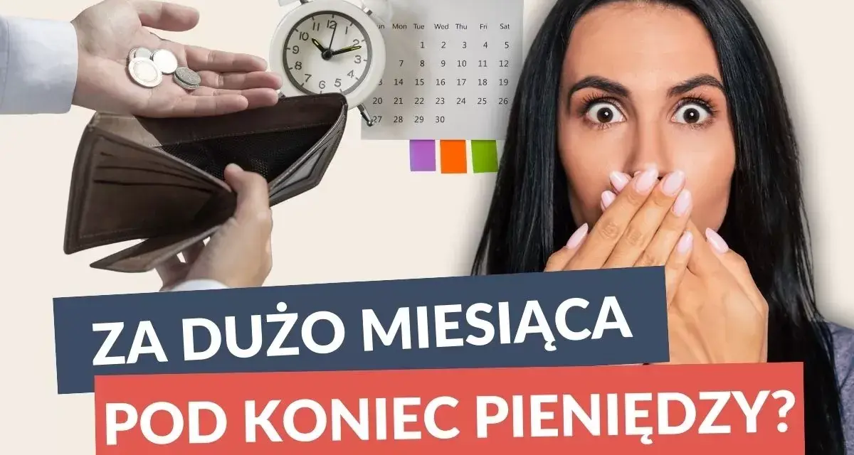 Zaskoczona kobieta z pustym portfelem i zegarem. Czy Twój budżet gospodarstwa domowego nie wystarcza do końca miesiąca?