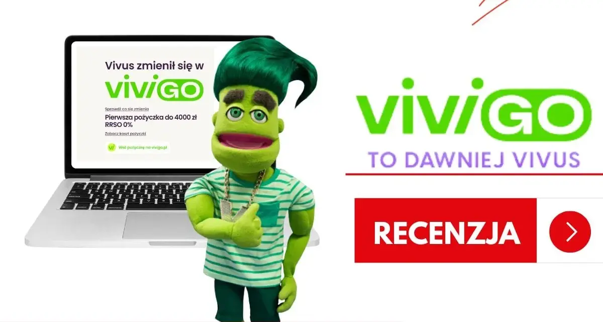 Zielona postać z lalki reklamuje Vivus, teraz Vivigo. Pierwsza pożyczka 4000 zł RRSO 0%. Sprawdź, jakie vivus odsetki oferuje.