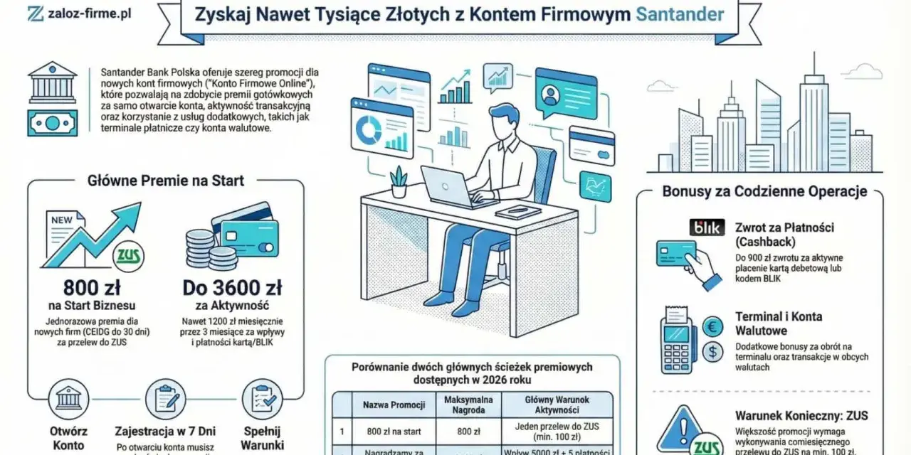 Promocja Santander: premia 800 zł za otwarcie konta firmowego i przelew do ZUS, do 3600 zł za aktywność. Konto debetowe z bonusem BLIK.