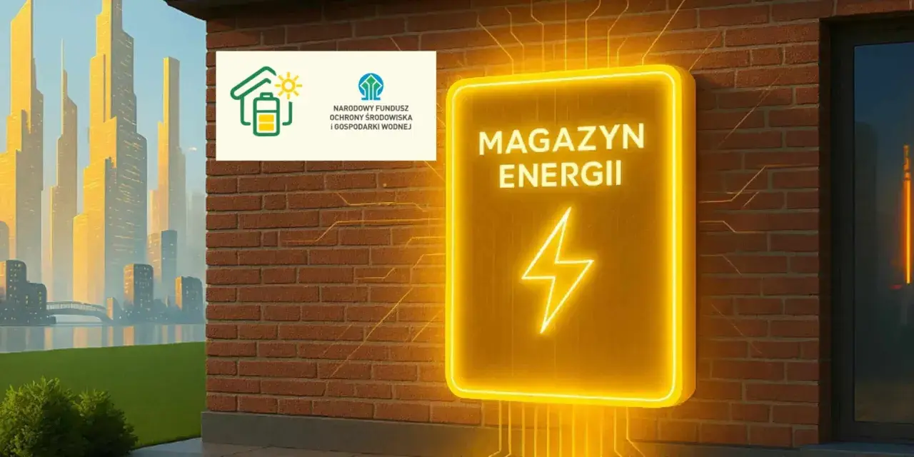 Neonowy znak "Magazyn Energii" obok logo NFOŚiGW, symbolizującego dofinansowanie OZE. W tle futurystyczne miasto.