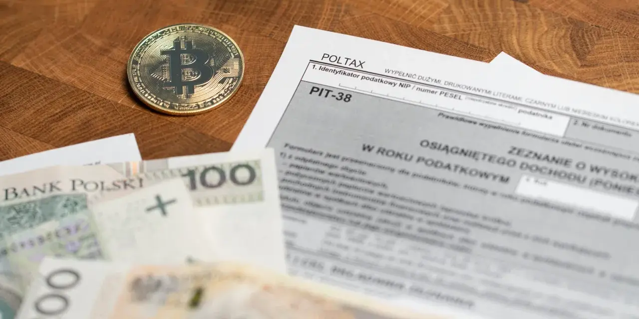 Złoty bitcoin obok formularza PIT-38 i polskich banknotów. Może to oznaczać niedopłatę podatku 3 zł.