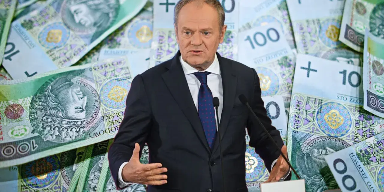 Donald Tusk na tle banknotów 100 zł. Obietnica 100 zł w 10 minut?