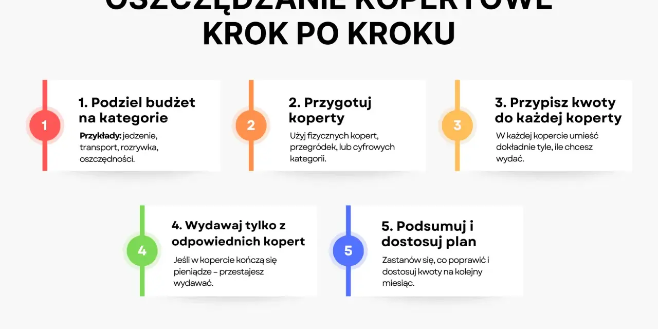 Oszczędzanie metodą kopertową krok po kroku: podziel budżet, przygotuj koperty, przypisz kwoty, wydawaj z odpowiednich kopert, podsumuj i dostosuj plan.