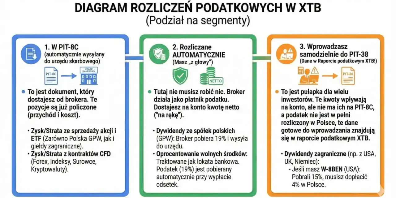 Diagram rozliczeń podatkowych w XTB. PIT-8C to dokument od brokera. W przypadku dywidend zagranicznych, jeśli pobrano 15%, dopłacasz 4% w Polsce.
