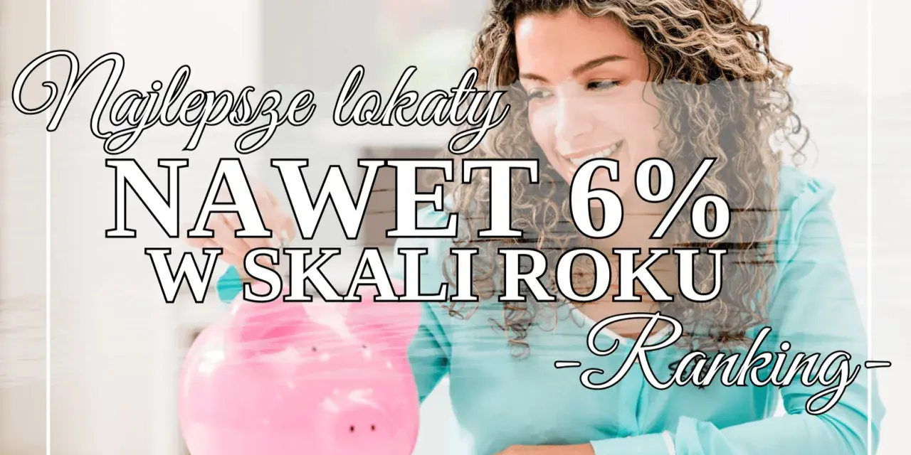 Uśmiechnięta kobieta z różową świnką-skarbonką. Najlepsze lokaty nawet 6% w skali roku - Ranking.