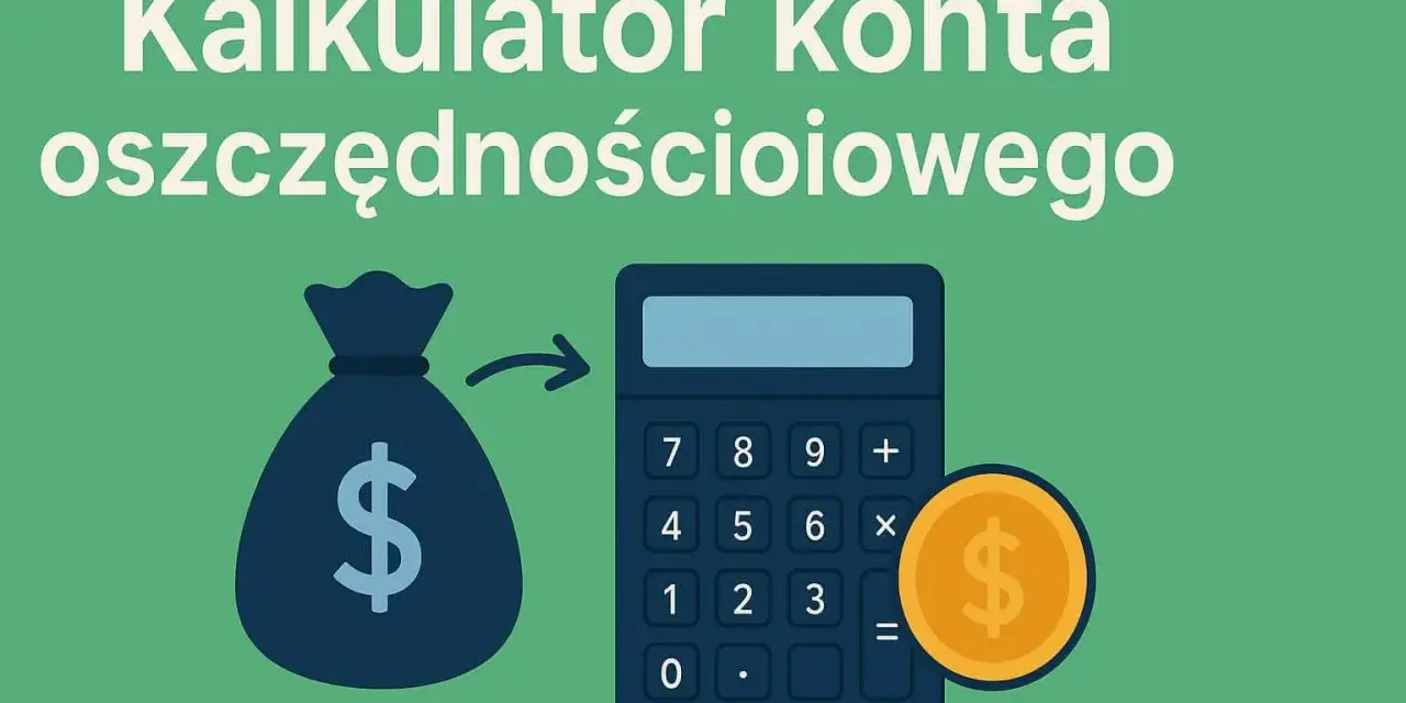 Kalkulator konta oszczędnościowego: worek pieniędzy, kalkulator i moneta. Dowiedz się, jak obliczyć zysk z konta oszczędnościowego.
