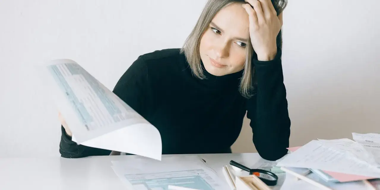 Zmartwiona kobieta przegląda dokumenty, szukając informacji, jak sprawdzić zaległość w podatku od nieruchomości.