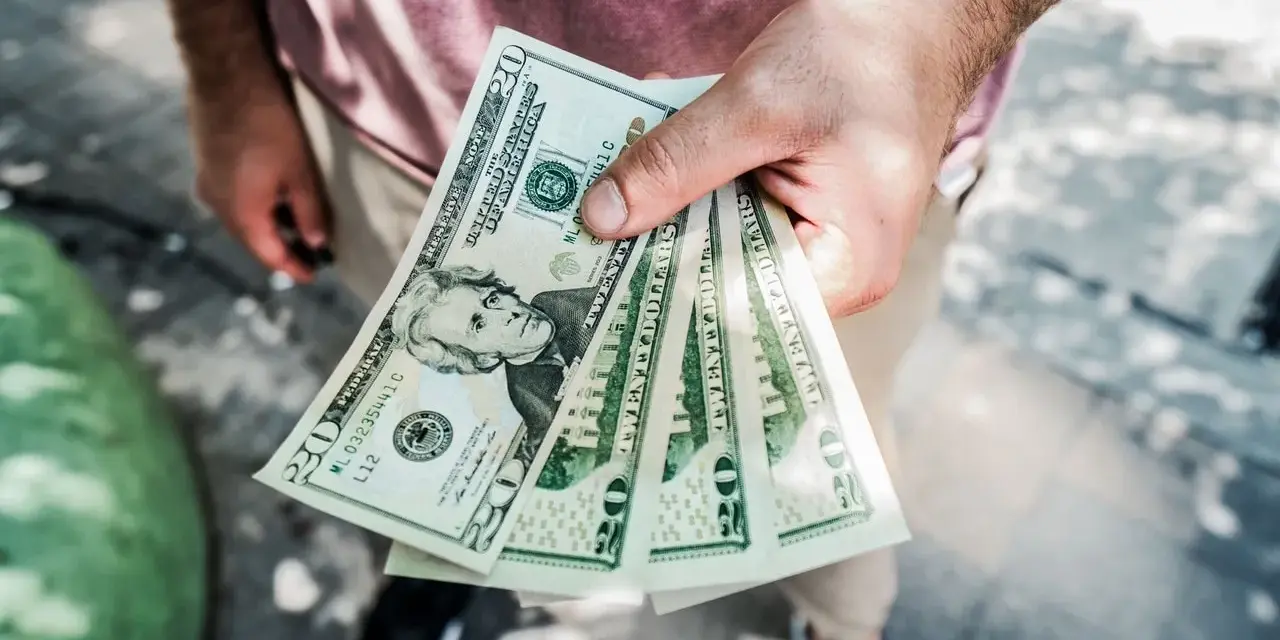 Dłoń trzyma kilka banknotów po 20 dolarów, symbolizując sposób, jak zarabiać więcej.