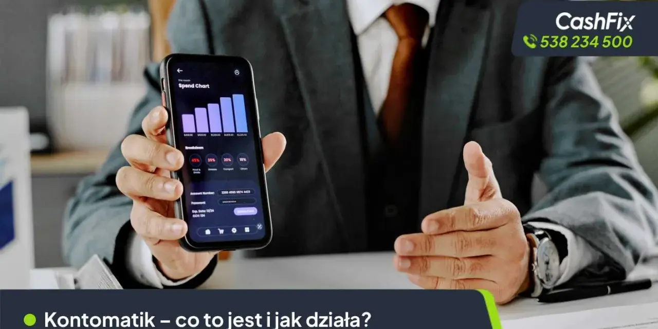 Mężczyzna w garniturze pokazuje smartfon z wykresem wydatków. Aplikacja Kontomatik współpracuje z wieloma bankami, ułatwiając zarządzanie finansami.