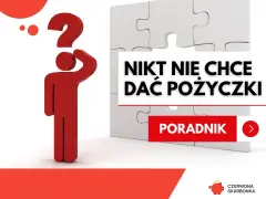 Czerwona postać z pytajnikiem nad głową symbolizuje trudności w uzyskaniu finansowania. Napis "Nikt nie chce dać pożyczki" podkreśla problem.