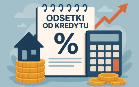Ilustracja pokazuje jak obliczyć odsetki od pożyczki wzór: dom na monetach, kalkulator, wykres wzrostu i symbol procentu.