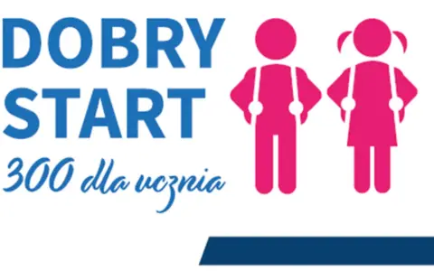 Dobry Start: 300+ dla ucznia. Dwoje dzieci w różowych strojach symbolizuje wsparcie dla każdego dziecka.