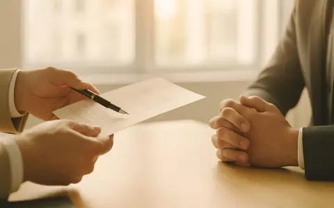 Dwie osoby przy stole, jedna podaje dokumenty, druga czeka na podpis. Rozmowa o pożyczce zagranicznej.