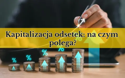 Stosy monet rosną, symbolizując kapitalizację odsetek i wzrost finansowy. Strzałka w górę wskazuje na sukces.