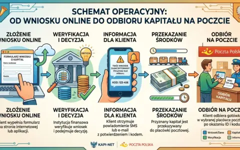 Schemat: wniosek online, weryfikacja, informacja z kodem, przekazanie środków i odbiór gotówki na poczcie. To droga do pożyczki na czek giro.
