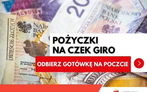 Pożyczki na czek giro Poczta Polska. Odbierz gotówkę na poczcie. Tło z banknotami 200 zł.