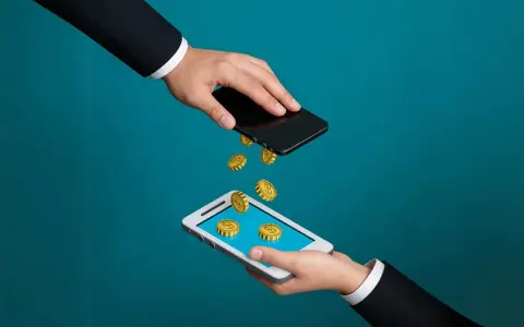 Przelew pieniędzy między telefonami. Złote monety spadają z jednego smartfona na drugi, symbolizując pismo o zwrot refinansowania.