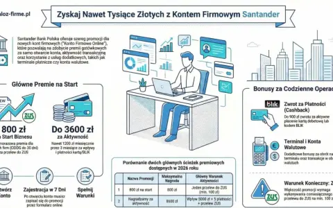 Promocja Santander: premia 800 zł za otwarcie konta firmowego i przelew do ZUS, do 3600 zł za aktywność. Konto debetowe z bonusem BLIK.