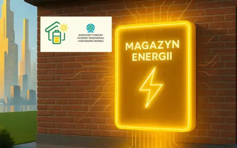 Neonowy znak "Magazyn Energii" obok logo NFOŚiGW, symbolizującego dofinansowanie OZE. W tle futurystyczne miasto.