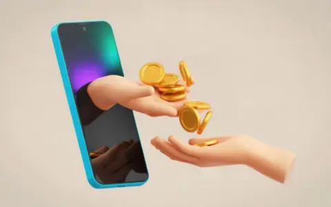 Ręka wychodząca z telefonu podaje monety do drugiej ręki. Zarabiaj oglądając reklamy za pieniądze.