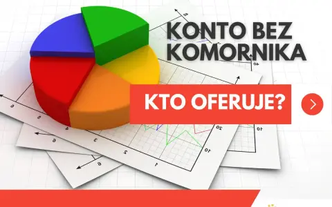 Kolorowy wykres kołowy na tle wykresów. Tekst "Konto bez komornika. Kto oferuje?". Szukaj najlepszego konta socjalnego.