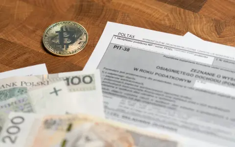 Złoty bitcoin obok formularza PIT-38 i polskich banknotów. Może to oznaczać niedopłatę podatku 3 zł.