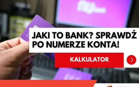 Dłoń trzyma fioletową kartę. Na ekranie komputera widnieje napis "Jaki to bank? Sprawdź po numerze konta!". W 2030 roku, gdy bankowość będzie jeszcze bardziej cyfrowa, taka wiedza będzie kluczowa.