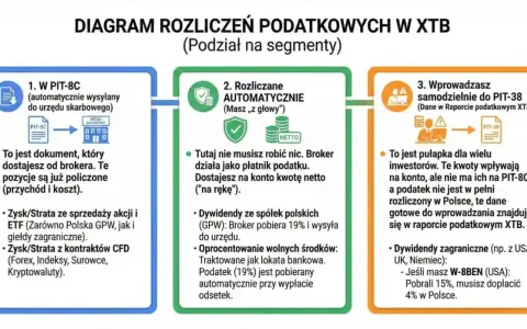 Diagram rozliczeń podatkowych w XTB. PIT-8C to dokument od brokera. W przypadku dywidend zagranicznych, jeśli pobrano 15%, dopłacasz 4% w Polsce.