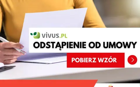 Kobieta z długopisem nad dokumentami. Na ekranie widnieje napis "vivus.pl odstąpienie od umowy" i przycisk "Pobierz wzór".