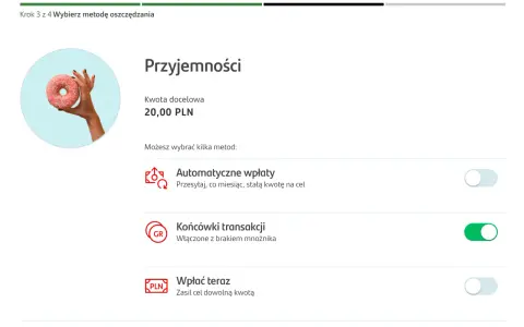 Wybierz automatyczne oszczędzanie Santander. Ustaw cel 20 zł, by łatwo odkładać pieniądze na przyjemności.