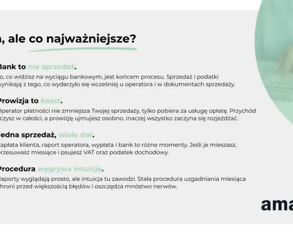 Księgowanie wyciągów bankowych: bank to nie sprzedaż, prowizja to koszt. Jedna sprzedaż, wiele dat. Procedura wygrywa intuicję.