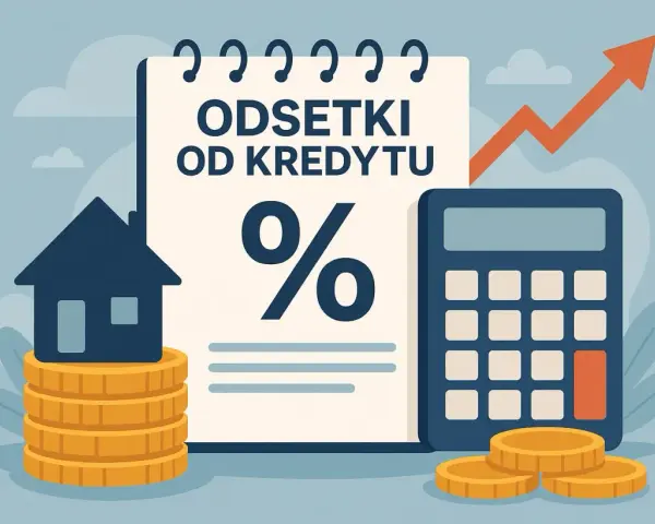 Ilustracja pokazuje jak obliczyć odsetki od pożyczki wzór: dom na monetach, kalkulator, wykres wzrostu i symbol procentu.
