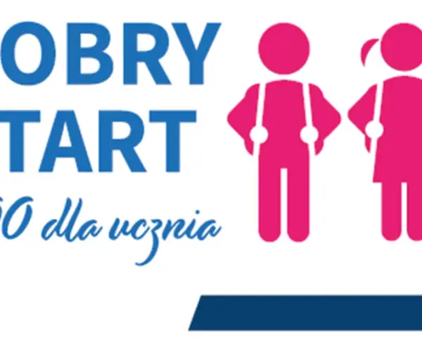 Dobry Start: 300+ dla ucznia. Dwoje dzieci w różowych strojach symbolizuje wsparcie dla każdego dziecka.