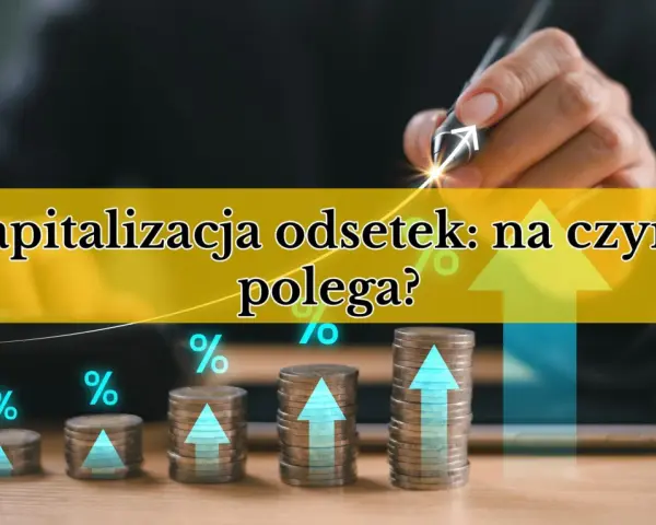Stosy monet rosną, symbolizując kapitalizację odsetek i wzrost finansowy. Strzałka w górę wskazuje na sukces.
