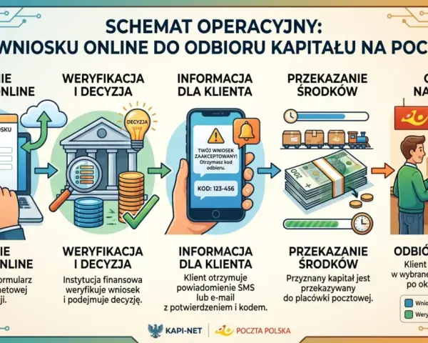 Schemat: wniosek online, weryfikacja, informacja z kodem, przekazanie środków i odbiór gotówki na poczcie. To droga do pożyczki na czek giro.