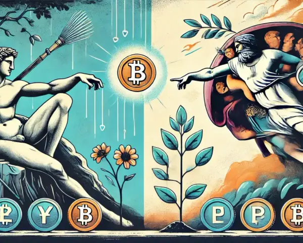 Stworzenie Bitcoina, jak na obrazie "Stworzenie Adama". Apy co to znaczy? To roczny zwrot z inwestycji, klucz do wzrostu cyfrowych aktywów.
