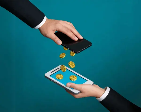 Przelew pieniędzy między telefonami. Złote monety spadają z jednego smartfona na drugi, symbolizując pismo o zwrot refinansowania.