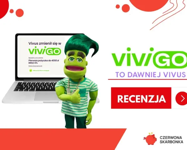 Zielona postać z lalki reklamuje Vivus, teraz Vivigo. Pierwsza pożyczka 4000 zł RRSO 0%. Sprawdź, jakie vivus odsetki oferuje.