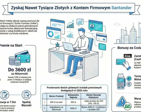 Promocja Santander: premia 800 zł za otwarcie konta firmowego i przelew do ZUS, do 3600 zł za aktywność. Konto debetowe z bonusem BLIK.