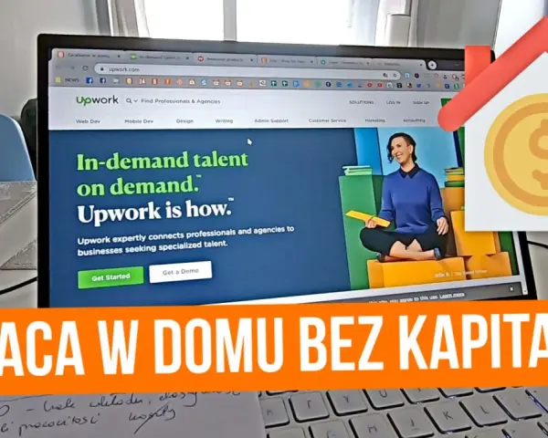 Jak dorobić w domu? Na ekranie laptopa strona Upwork, platforma do pracy zdalnej. Obok ikona domu z monetą - symbol zarobku bez kapitału.