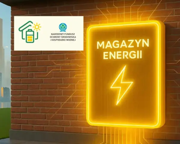 Neonowy znak "Magazyn Energii" obok logo NFOŚiGW, symbolizującego dofinansowanie OZE. W tle futurystyczne miasto.