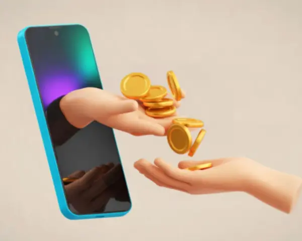 Ręka wychodząca z telefonu podaje monety do drugiej ręki. Zarabiaj oglądając reklamy za pieniądze.